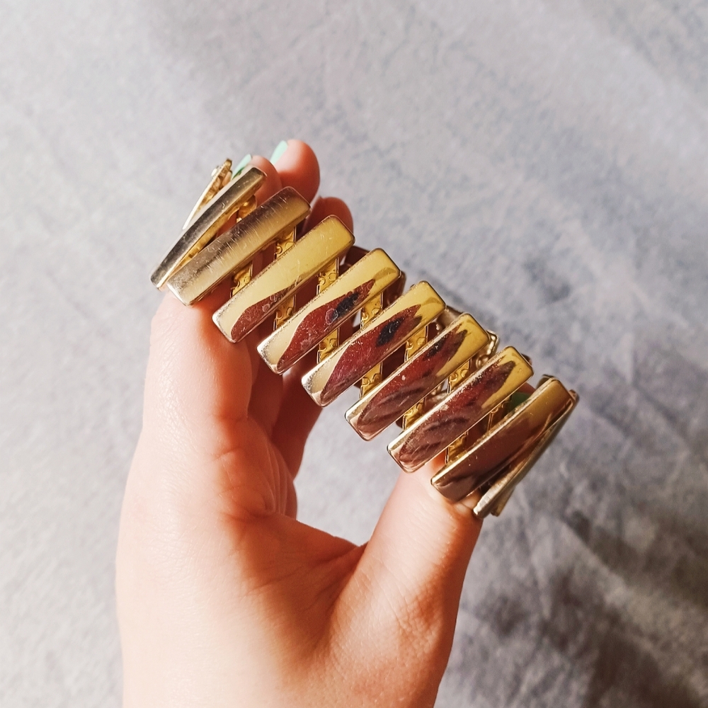 Vintage Retro 1980s 70s Gold Stacked Stretch Bangle Cuff Bracelet Statement